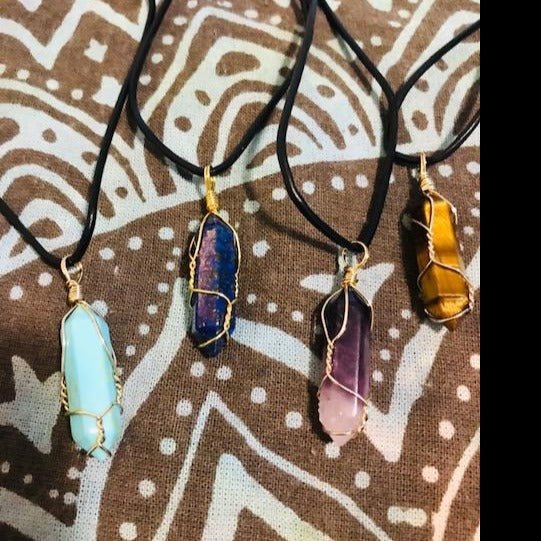 Natural Crystal Wire Wrapped Pendants on genuine leather cord